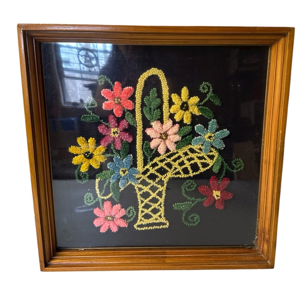 Vintage Crewel Embroidery Floral Basket